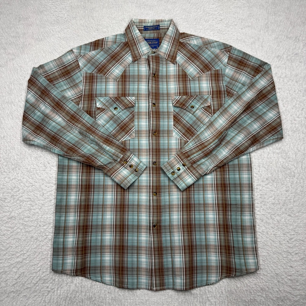 Pendleton Frontier Shirt Plaid Pearl Snap Pockets Western Teal Men's Size M‎